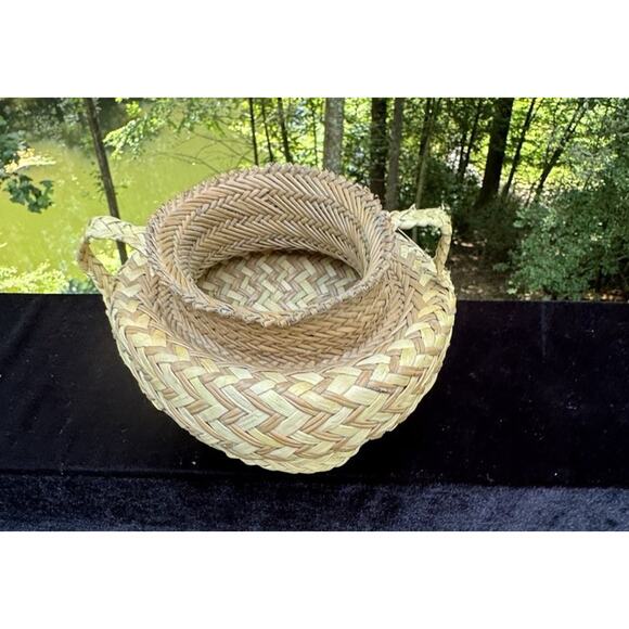 Native American Hand Woven Pine Needle Basket -W/Handles 5” Tall -C9 - Picture 2 of 9